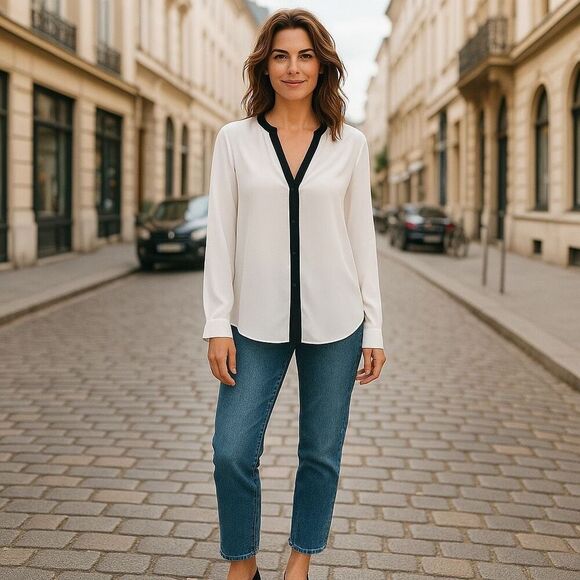 Vince 100% Silk Cream Black Trim Blouse Size Medium Old Money Luxury Capsule - Picture 1 of 7
